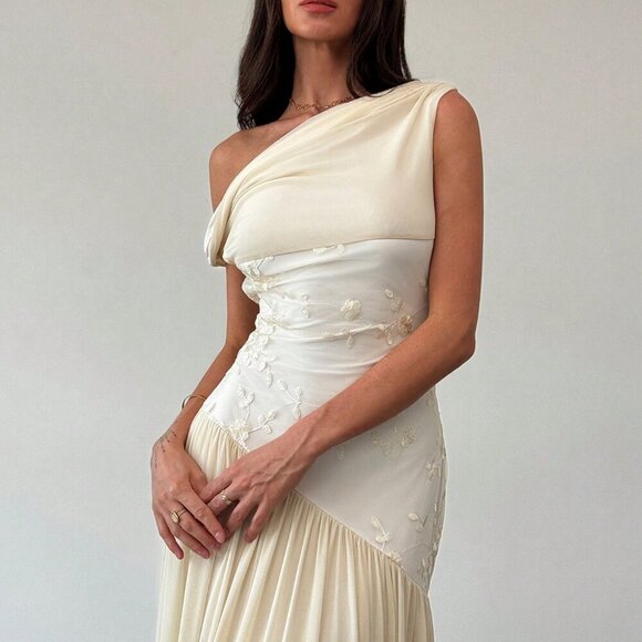 Apricot Elegant Women's Off Shoulder Mesh Floral Embroidered Maxi Dress - Picture 3 of 9